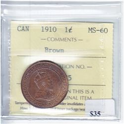1910 Canada 1-cent ICCS Certified MS-60 Brown