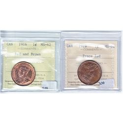 1916 & 1919 Canada 1-cent ICCS Certified MS-62. 2pcs