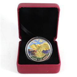 2014 Colourized & Gold Plated Peregrine Falcon $5 Silver with Display Case and capsule. No Tax