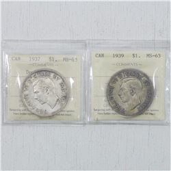 Estate Lot of 2x 1937 Double HP and 1939 Canada Silver Dollar ICCS Certified MS-63. You will receive