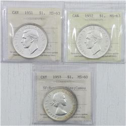 Estate Lot of 3x Canada Silver Dollar ICCS Certified coins. You will receive a 1951 Silver Dollar IC