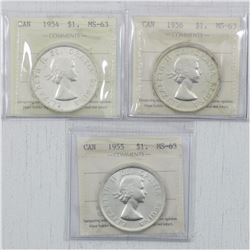 Lot of 3x Canada Silver Dollar ICCS Certified Coins. You will receive a 1954, 1955 and 1956 Silver D