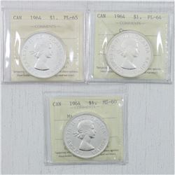 Estate Lot of 3x 1964 Canada Silver Dollar ICCS Certified Coins. You will receive a 1964 Missing Dot