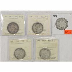 Estate Lot of 5x Canada Silver 50-cent Coins 1912 - 1917. You will receive the following coins: 1912