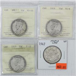 Estate Lot of  4x 1917-1947 Canada Silver 50-cent Coins. You will receive a 1947 Maple leaf 50c Very