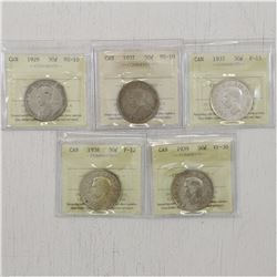 Estate Lot of 5x Canada Silver 50-cent ICCS Certified Coins. You will receive a 1929 50c ICCS VG-10,