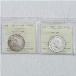 1947 Maple Leaf & 1947 Straight 7  Canada Silver 50-cent coins ICCS Certified VF-30. (2pcs)