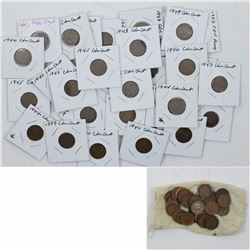 Estate Lot of 111x Canadian coins : 1-cents include 1927, 1939, 1940 x 4, 1941, 1942 x 4, 1943 x 3, 