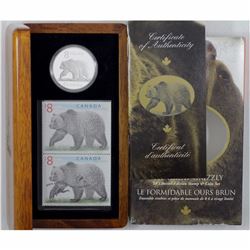 RCM Issue; 2004 $8 Fine Silver Great Grizzly Bear Coin and Stamp Set (lightly scuffed outer box)