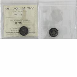 1908 Small 8 Canada 5-cent ICCS Certified VF-30