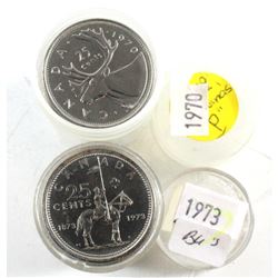 1970 and 1973 Canada 25-cent Brilliant Uncirculated rolls of 40pcs (2pcs)