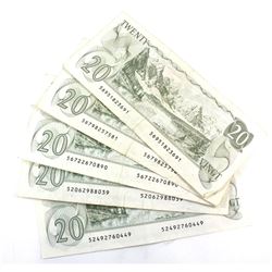 5 x 1979 $20.00 Notes in Average Circulated Condition