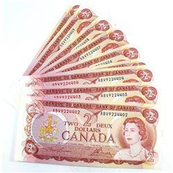 9 x 1974 $2.00 Notes with Consecutive Serial Numbers in UNC condition.