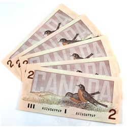 5 x 1986 $2.00 Notes, prefix AUZ with Consecutive Serial Numbers all in UNC Condition.