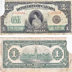 1917 $1.00 Note from the Dominion of Canada; cat code DC-23d, Hyndman-Saunders signature, Seal Only,