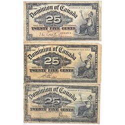 Complete Signature Type Set of the 1900 25c Note from the Dominion of Canada.  Lot includes 3 Notes,