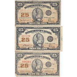 Complete Signature Type Set of the 1923 25c Note from the Dominion of Canada.  Lot includes 3 Notes;