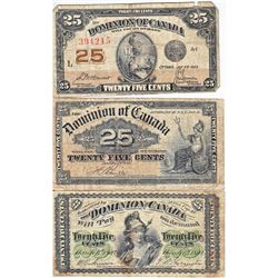 Run of 3 x 25c Notes from the Dominion of Canada; one from each Series made.  Lot includes an 1870, 