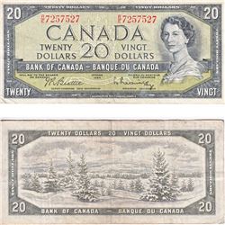 1954 3 Digit RADAR $20.00 Note from the Bank of Canada; cat code BC-41b, Beattie-Rasminsky signature