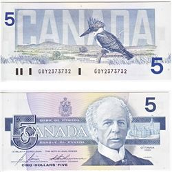 1986 3 Digit RADAR $5.00 Note from the Bank of Canada; cat code BC-56c, Bonin-Thiessen signatures, P