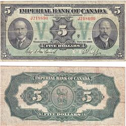 1923 $5.00 Note from the Imperial Bank of Canada; cat code 375-18-02, Howland-Phipps signatures in V