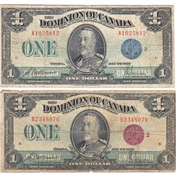Pair of 1923 $1.00 Notes from the Dominion of Canada; one with a Blue Seal and one with a Bronze Sea