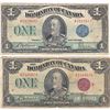 Image 1 : Pair of 1923 $1.00 Notes from the Dominion of Canada; one with a Blue Seal and one with a Bronze Sea
