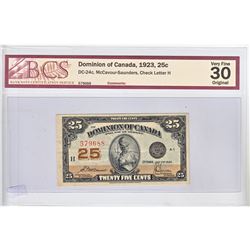 1923 25c Note from the Dominion of Canada; cat code DC-24c, McCavour-Saunders signatures, BCS Certif