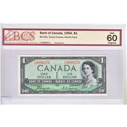 1954 Devil's Face $1.00 Note from the Bank of Canada; cat code BC-29a, Coyne-Towers signatures, Pref