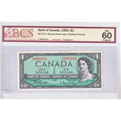 1954 Changeover $1.00 Note from the Bank of Canada; cat code BC-37b-i, Beattie-Rasminsky signatures,