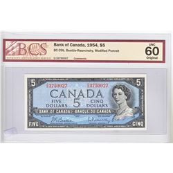 1954 $5.00 Note from the Bank of Canada; cat code BC-39b, Beattie-Rasminsky signatures, Prefix C/X, 