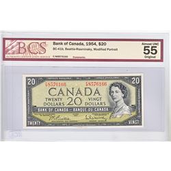 1954 $20.00 Note from the Bank of Canada; cat code BC-41b, Beattie-Rasminsky signatures, Prefix F/W,