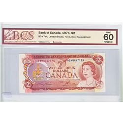 1974 Replacement $2.00 Note from the Bank of Canada; cat code BC-47aA, Lawson-Bouey signatures, Pref