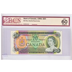 1969 $20.00 Note from the Bank of Canada; cat code BC-50a, Beattie-Rasminsky signatures, Prefix EC, 