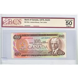 1975 $100.00 Note from the Bank of Canada; cat code BC-52a, Lawson-Bouey signatures, Prefix JA, BCS 