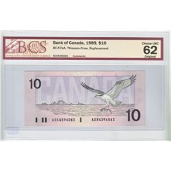1989 Replacement $10.00 Note from the Bank of Canada; cat code BC-57aA, Thiessen-Crow signatures, Pr