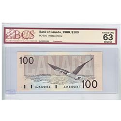 1988 $100.00 Note from the Bank of Canada; cat code BC-60a, Thiessen-Crow signatures, Prefix AJY, BC