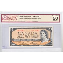 1954 $50.00 Note from the Bank of Canada; cat code BC-42c, Lawson-Bouey signatures, Prefix B/H, BCS 