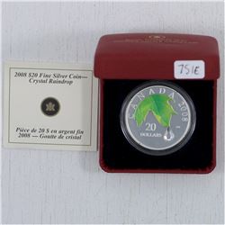 2008 $20 Crystal Raindrop Silver Coin. Please Note the outer cardboard sleeve is missing and the coi