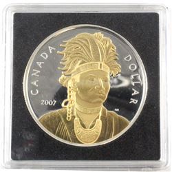 2007 Gold Plated Proof Silver Dollar Commemorating Joseph Brant issued in a snap lock case. (No Tax)