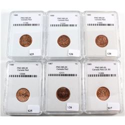 Group lot of PNG Certified Canada 1-cents MS-65 Red, dated 1960, 1965, 1967, 1969, 1976 and 1990. 6p