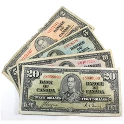 Lot of 4x 1937 Canada Bank of Canada Notes: $2, $5, $10 and $20.