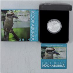 2014 Australia $1 1oz. Silver Proof High Relief Kookaburra coin issued by the Perth Mint.(TAX Exempt