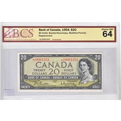 1954 Replacement $20.00 Note from the Bank of Canada; cat code BC-41bA, Beattie-Rasminsky signatures