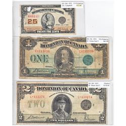 Group lot of three Banknotes dating 1923 from the Dominion of Canada. You will receive a 25c, a $1.0
