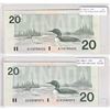 Image 1 : Pair of 1991 Replacement $20.00 Notes in Almost UNC Condition. You will receive an AIX without Serif