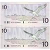 Image 1 : 2 x 1989 $10.00 Replacement Notes in UNC. You will receive an ADX with a Thiessen-Crow signature (BC