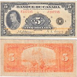 1935 French $5.00 Note from the Bank of Canada; cat code BC-6, Osborne-Towers signatures in VG-F Con