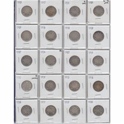 Mixed Page of 20 x Canadian Silver 25-cent Coins-Oldest date 1905