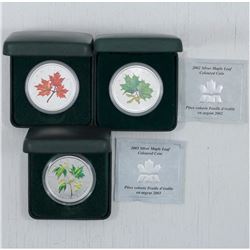 2001, 2002 & 2003 Canada Coloured $5 Silver Maple Leaf .999 Fine Silver Coins. (Coins have light ton